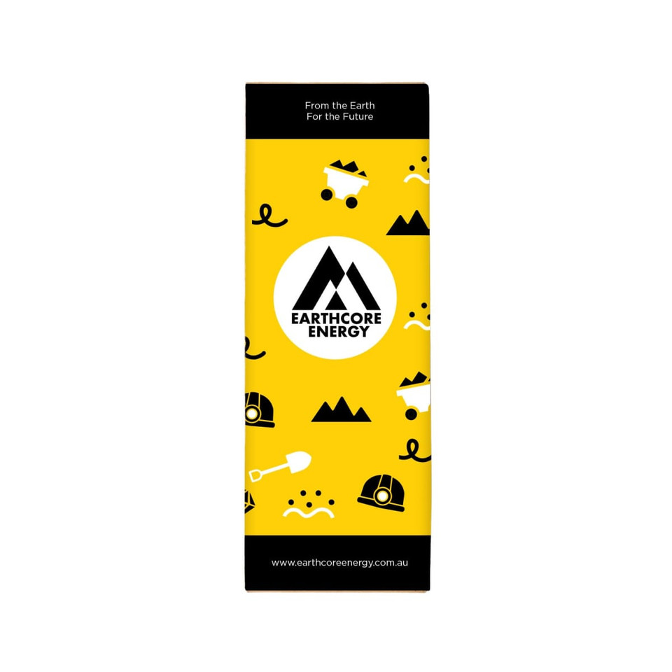 A promotional box for Earthcore Energy featuring a vibrant yellow design with various icons and a logo.