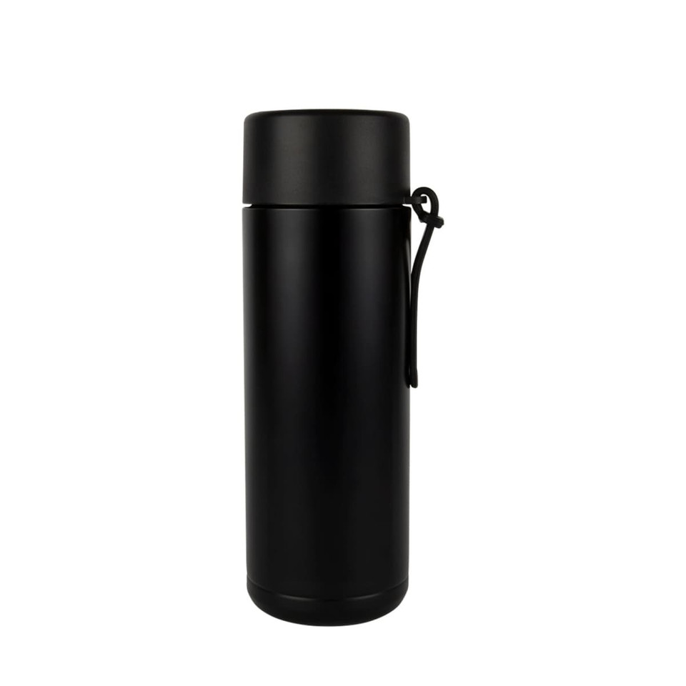 A drink bottle in matte black finish with a secure lid and a handy strap. Features a logo.