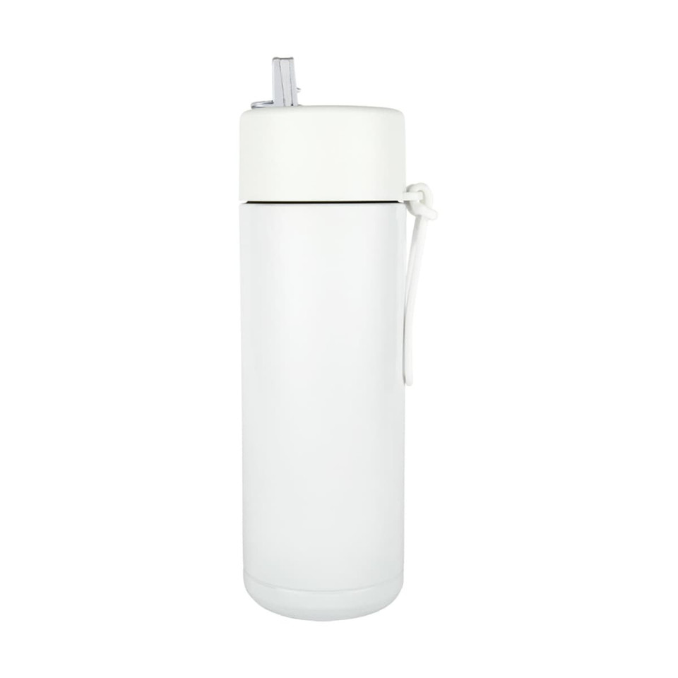 A drink bottle in white with a flip-top lid and straw, featuring a carrying handle and branding.