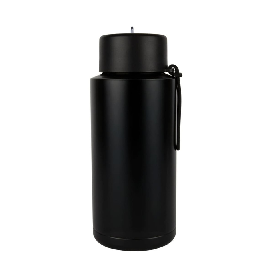 A drink bottle in matte black finish, featuring a sleek design and a logo. Ideal for hydration on the go.