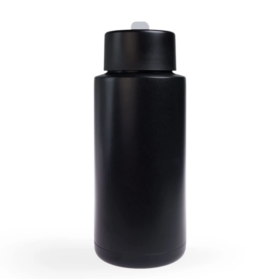 A drink bottle in matte black finish with a sturdy design and a cap, featuring a logo on its surface.
