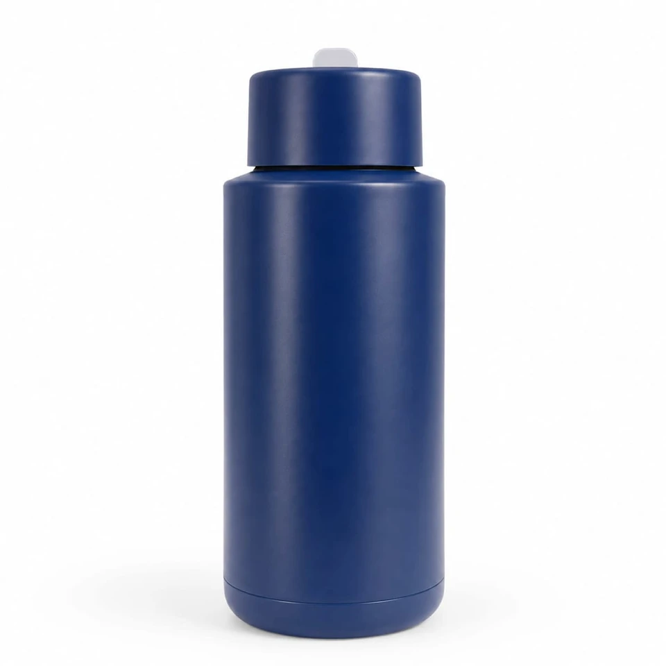 A drink bottle in navy blue, featuring a sleek, cylindrical design and a cap. It includes a logo on the surface.