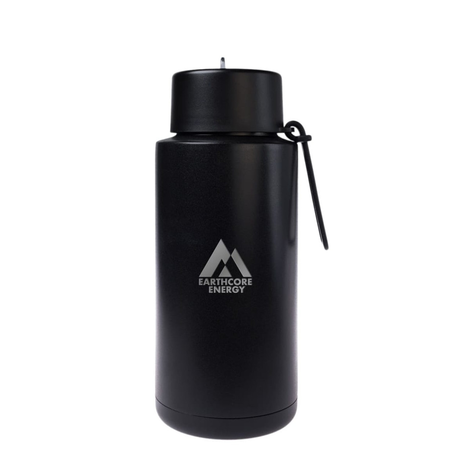 A drink bottle in matte black, featuring a logo, with a screw-on lid and a strap.