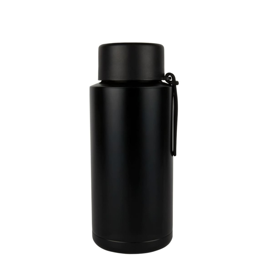 A drink bottle in matte black stainless steel with a lid and a strap. It has a minimalist design and a logo.