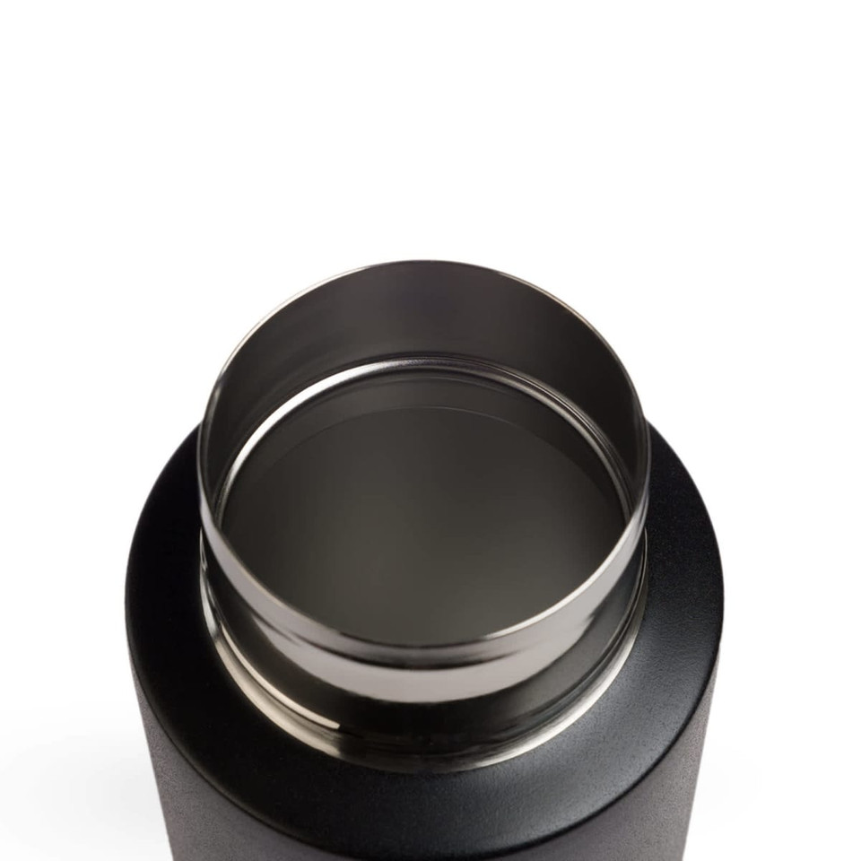 A drink bottle featuring a sleek design with a stainless steel finish and a wide opening at the top.