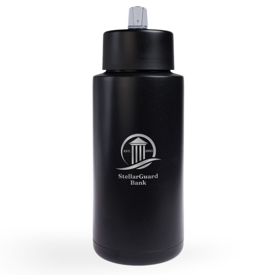 A drink bottle in black, featuring a screw-top lid and a logo on the front. Designed for easy hydration.