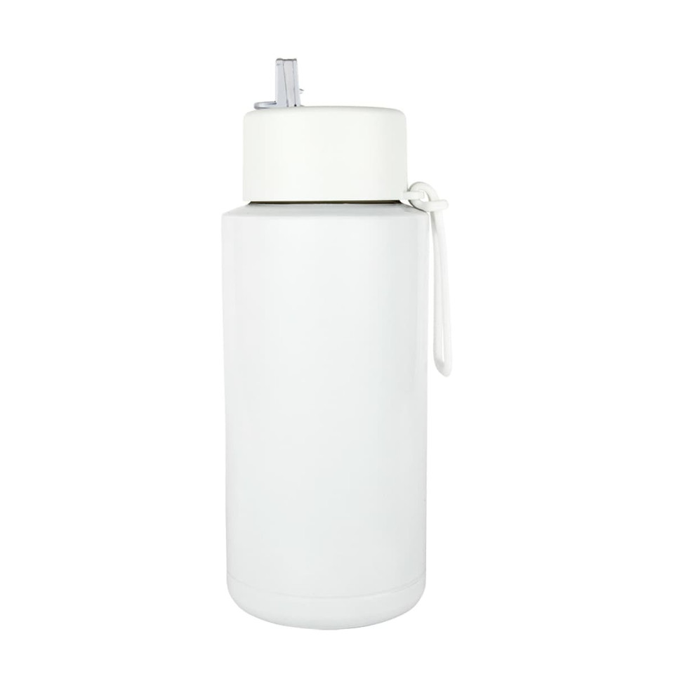 A drink bottle in white, featuring a flip-top lid and a strap. It has a logo on the surface.