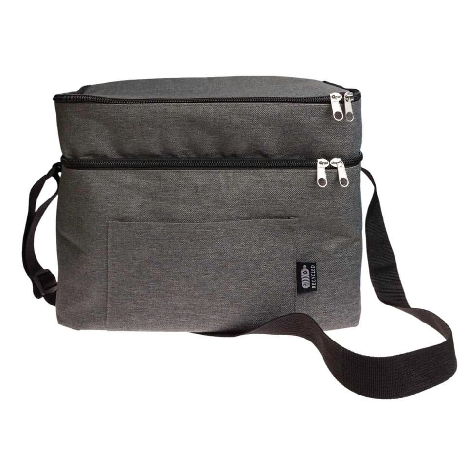A cooler bag with a sleek gray design features two zippered compartments and an adjustable shoulder strap.