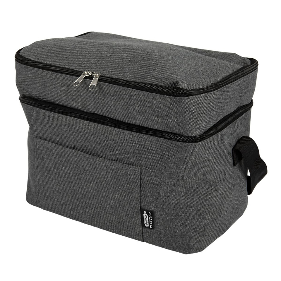 A grey cooler bag with a zippered top and a front pocket, featuring a logo.