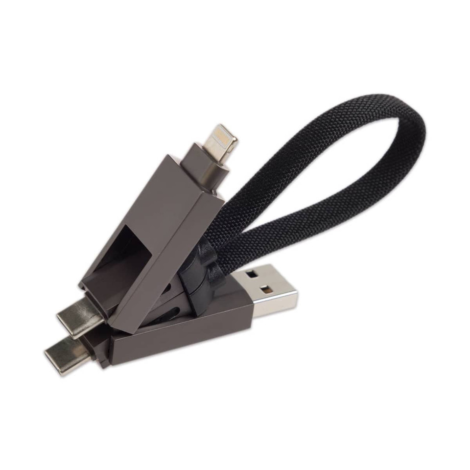 A black and gray 4-in-1 charging cable with multiple connectors and a loop for easy storage.