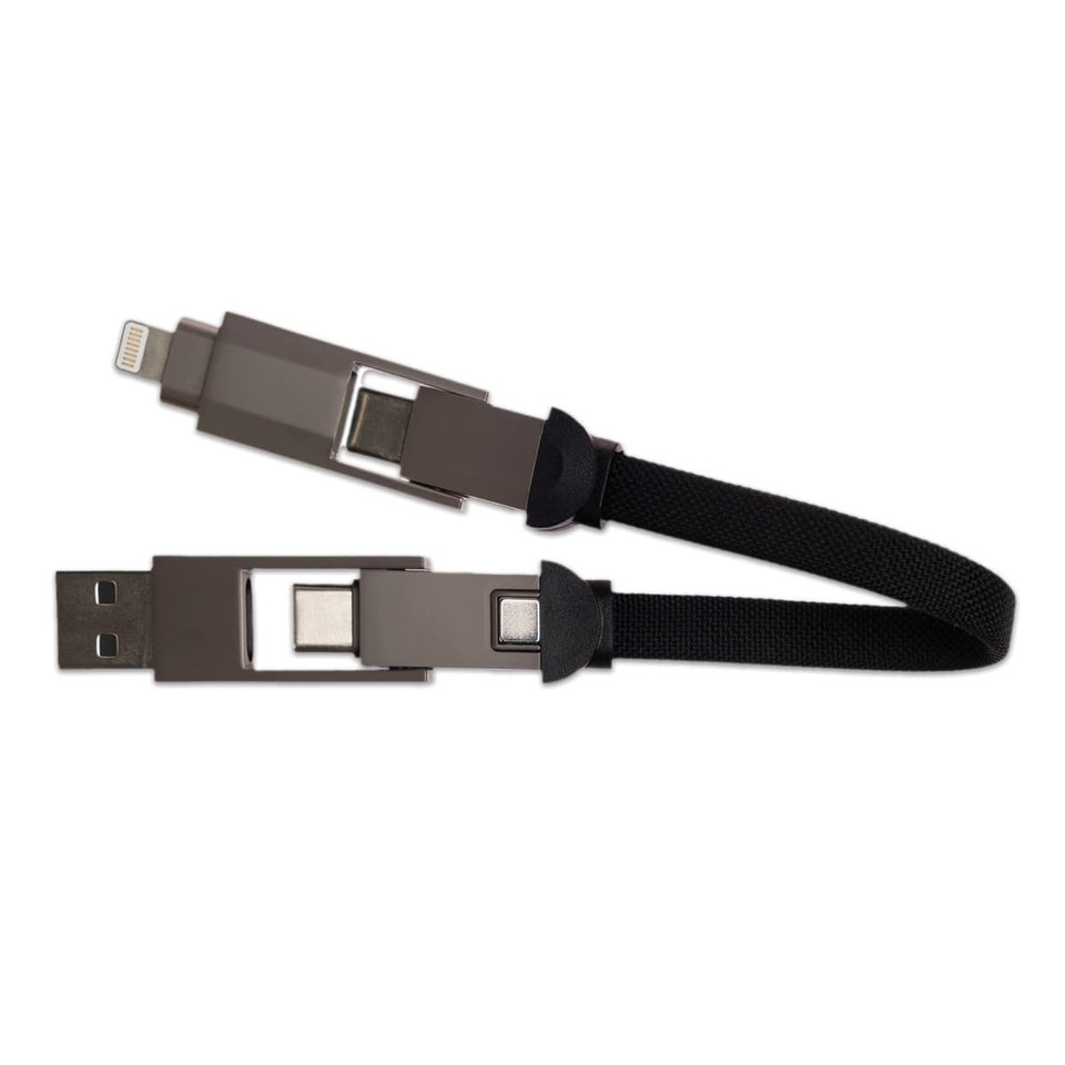 A 4-in-1 charging cable in black and gray with multiple connector options. It features a logo on the cable.