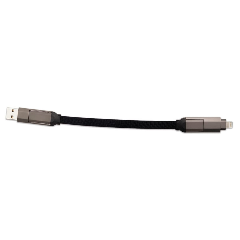 A black charging cable with USB and Lightning connectors, featuring a sleek design and a logo.