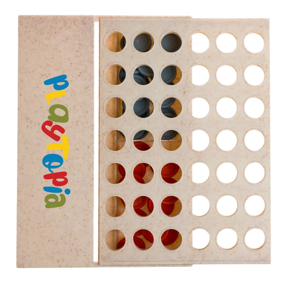 A beige game box featuring circular holes and colored pieces in red and blue, with a logo present.