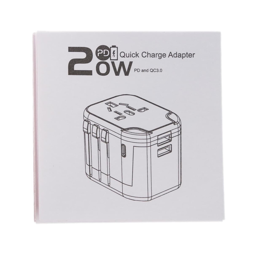A white quick charge adapter with multiple port options, featuring a simple line drawing design.
