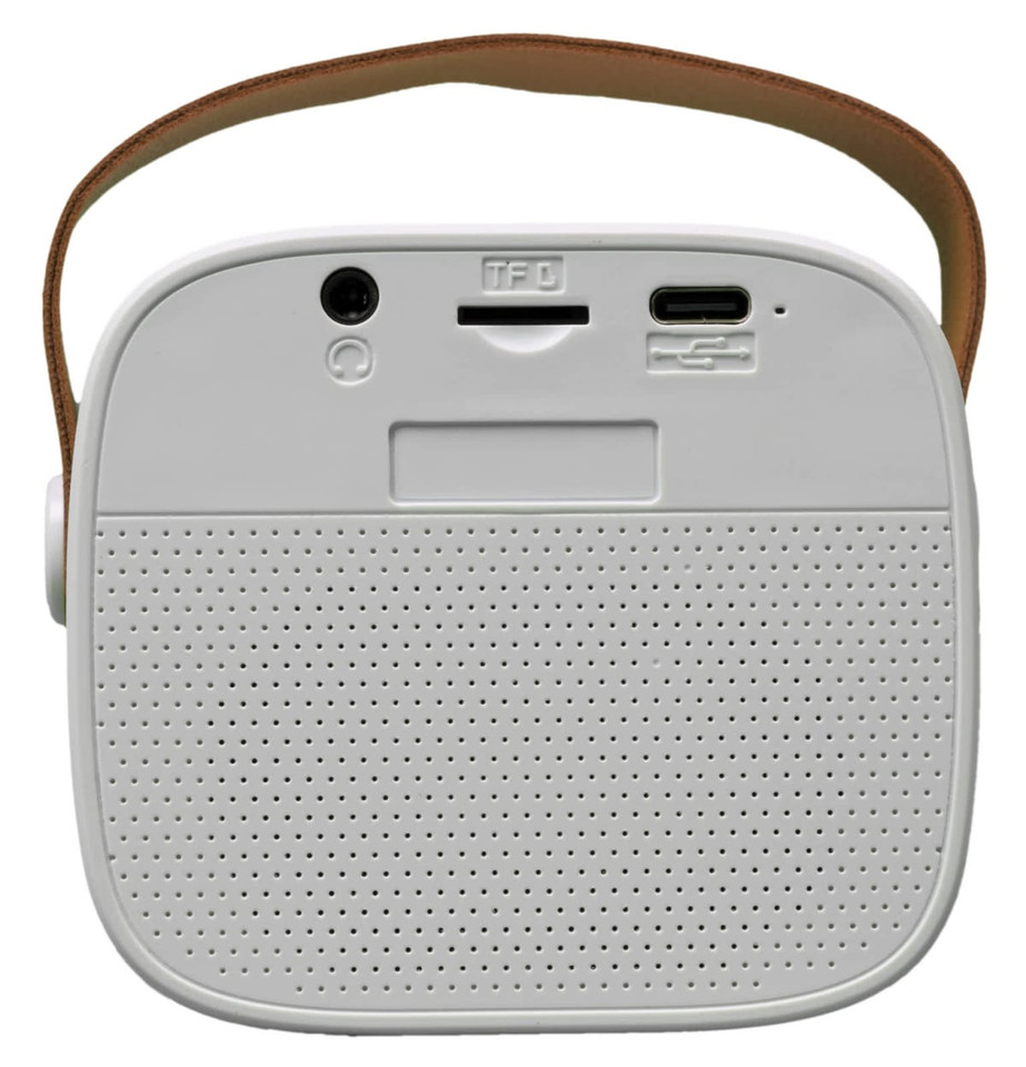 A white mini speaker with a brown strap, featuring ports and a perforated speaker grille.