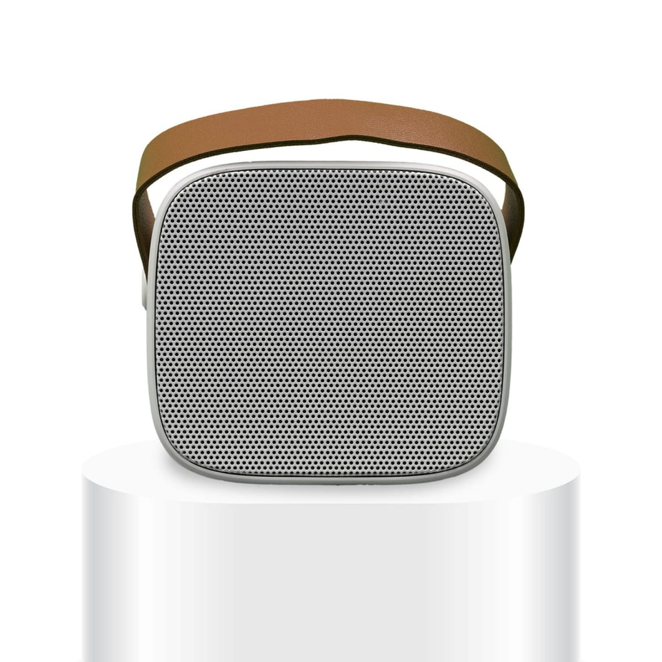 A Boombox Mini Speaker with a sleek design, featuring a mesh front and a brown strap for portability.