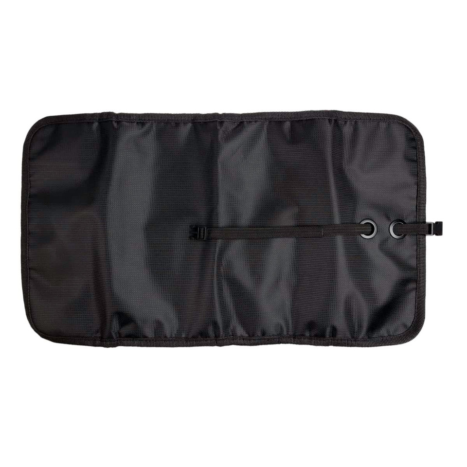 A black toiletry bag organizer with an open design, featuring various compartments and a closure mechanism.