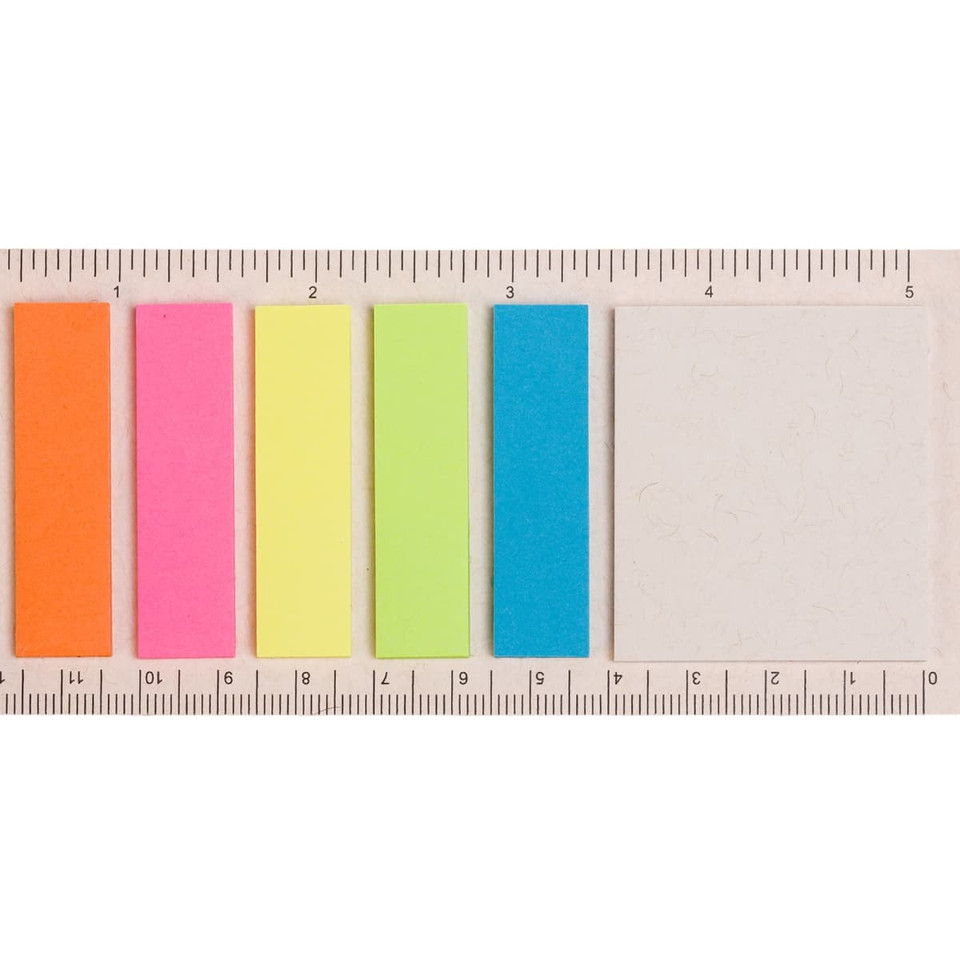 A ruler displaying a variety of colorful rectangle bookmarks in orange, pink, yellow, green, and blue, with a plain white section.