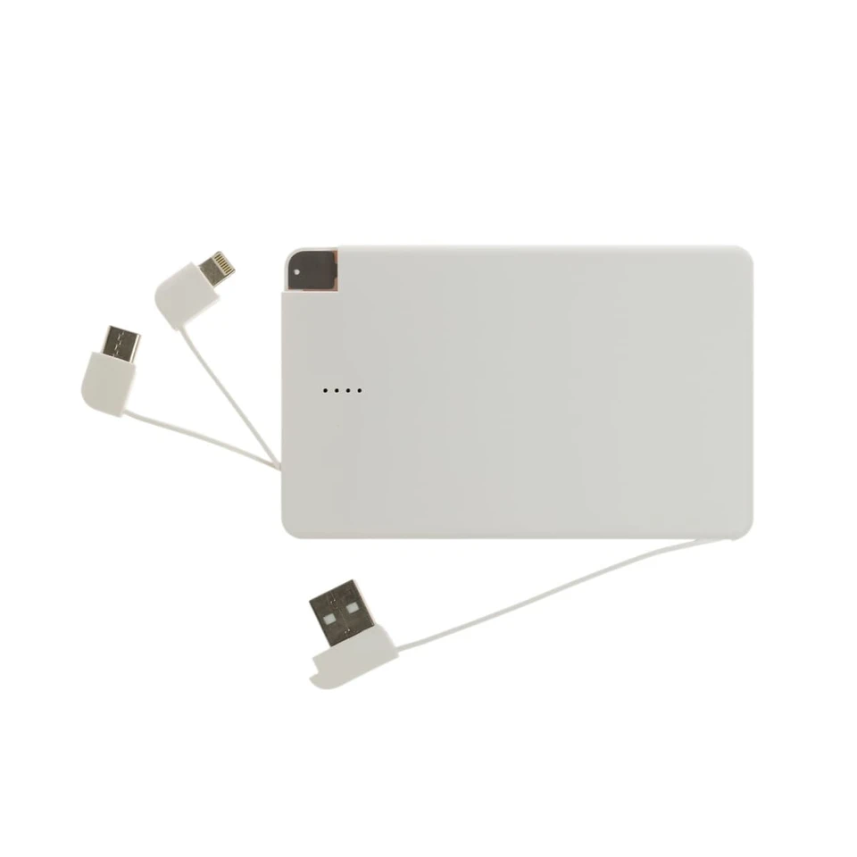 A white power bank with three attached charging cables for various devices. It has a minimalist design and a logo.
