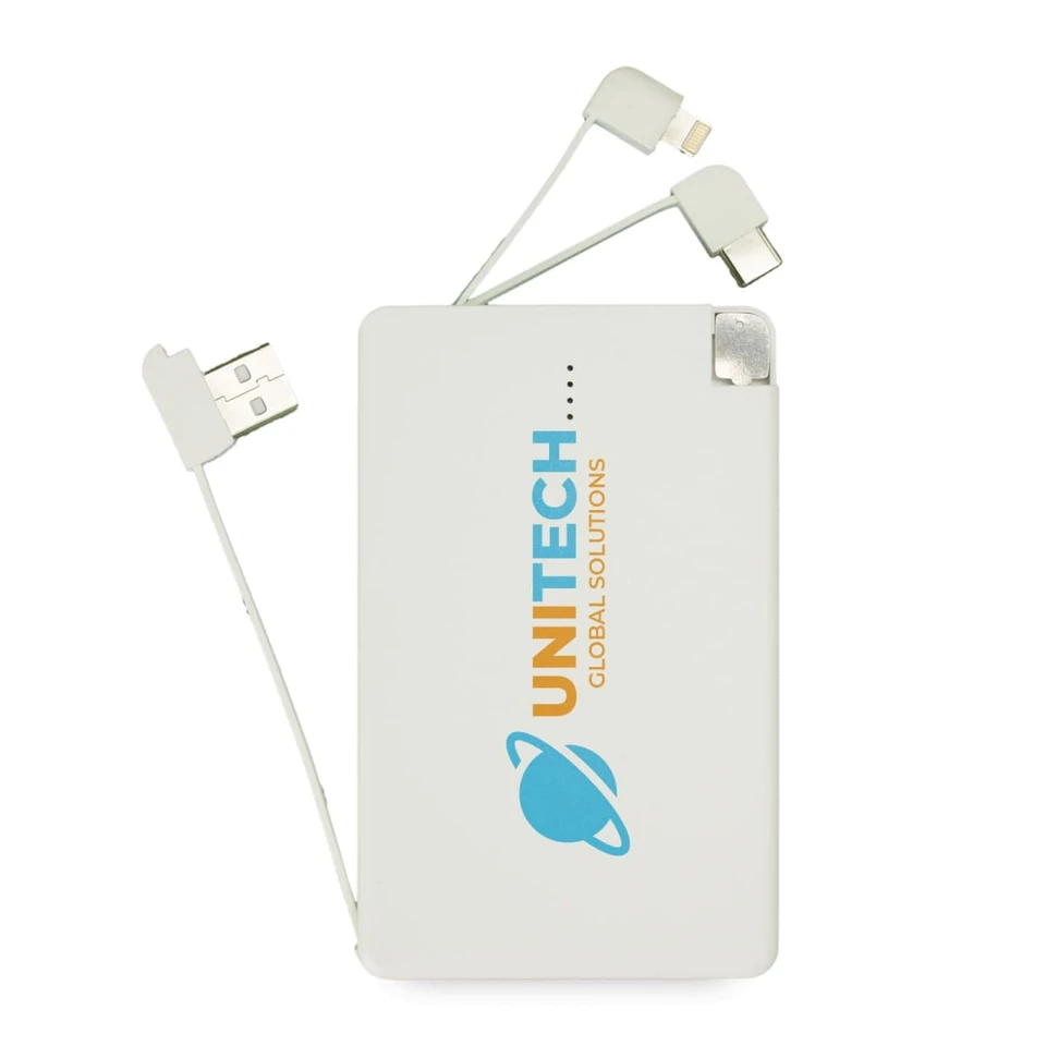 A 10,000mAh power bank with three built-in charging cables and the branding "UNITECH GLOBAL SOLUTIONS."