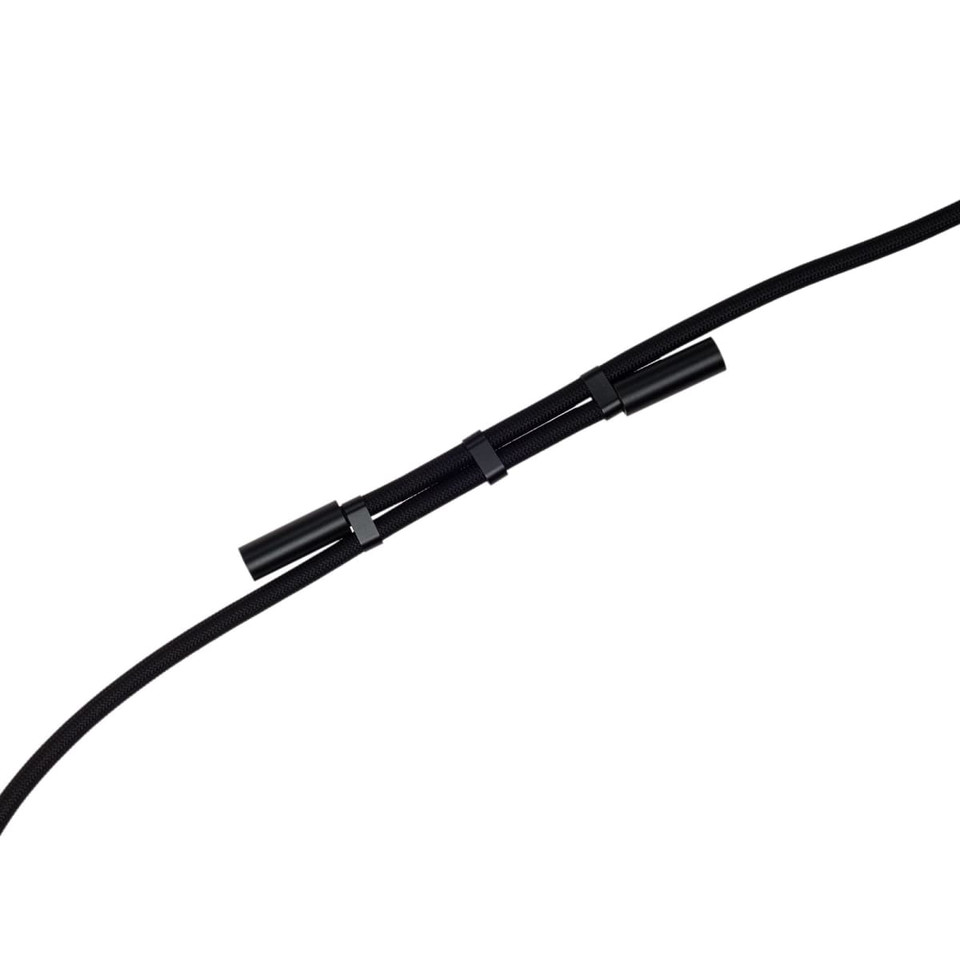 A black Trip Phone Lanyard, designed for securely holding phones, featuring a flexible cord with two connector ends.