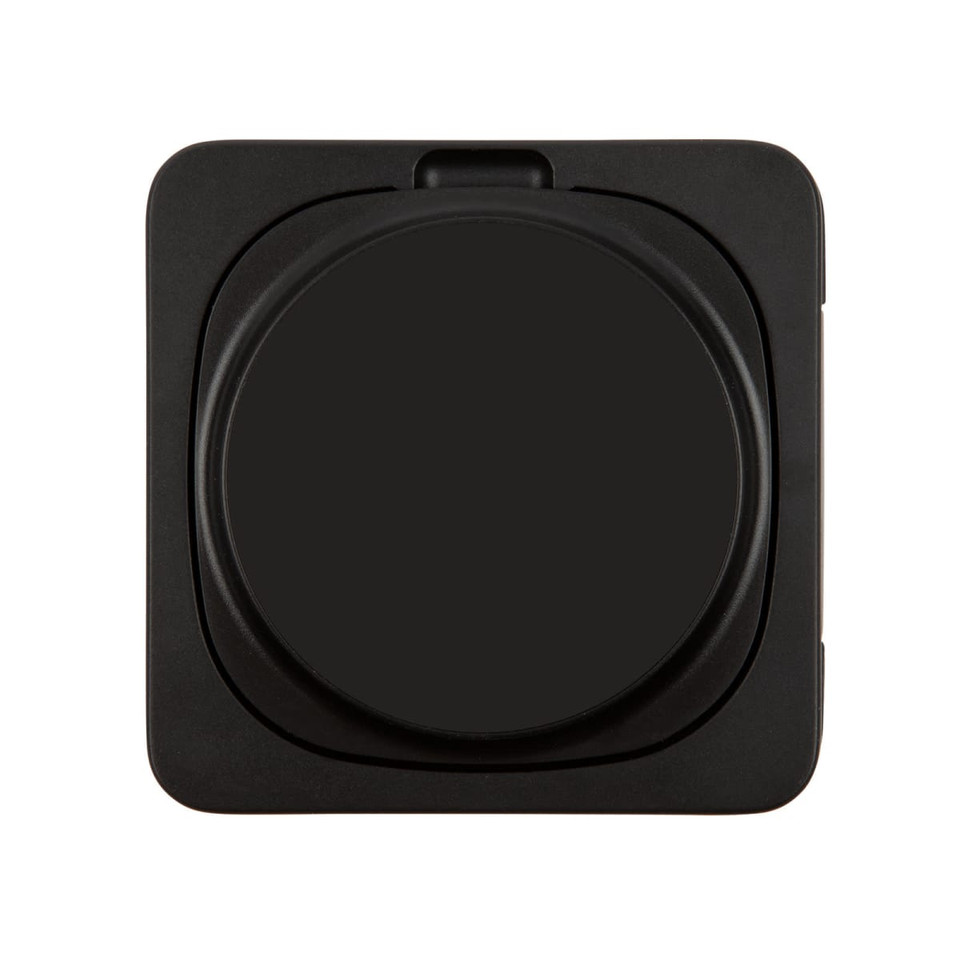 A wireless charger in black, featuring a circular charging surface and a sleek, minimalist design.