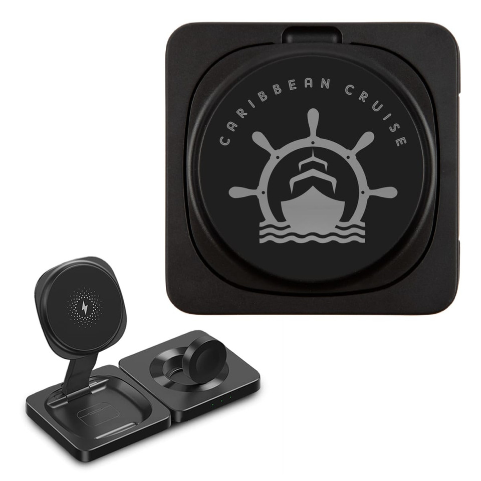 A wireless charger in black, featuring a circular design with a ship graphic and a logo, alongside a compact charging stand.