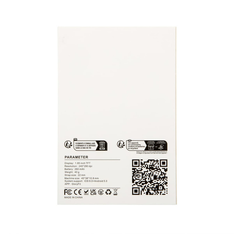 A white product label featuring technical specifications and a QR code, with various icons and branding present.