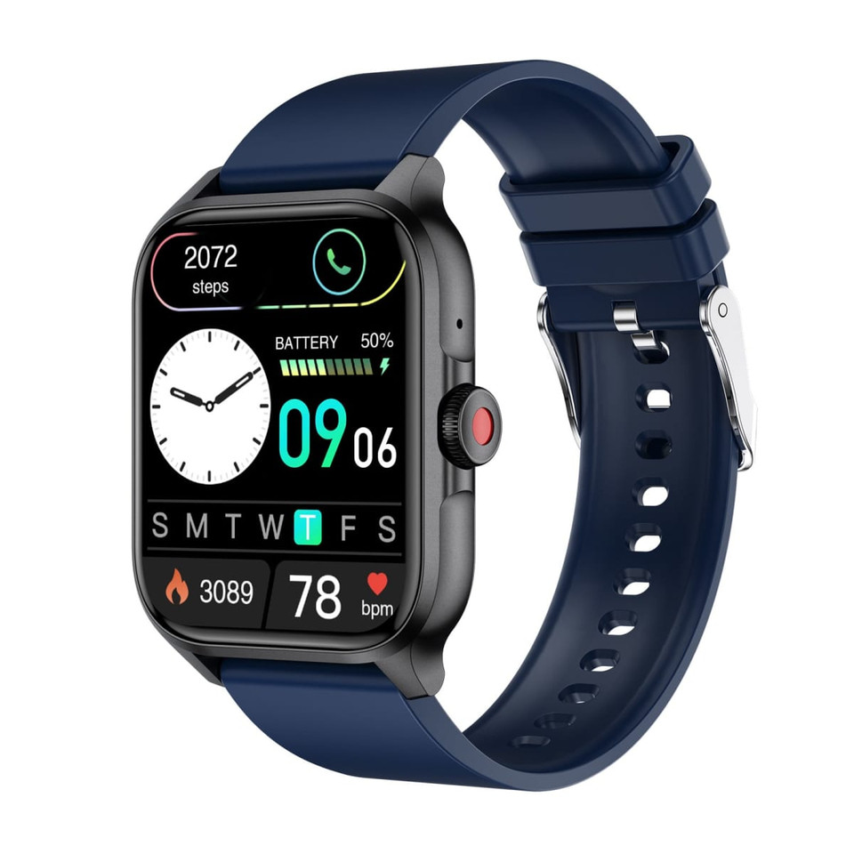 A black smart watch with a blue strap displaying time, steps, battery status, and heart rate. Features a logo.