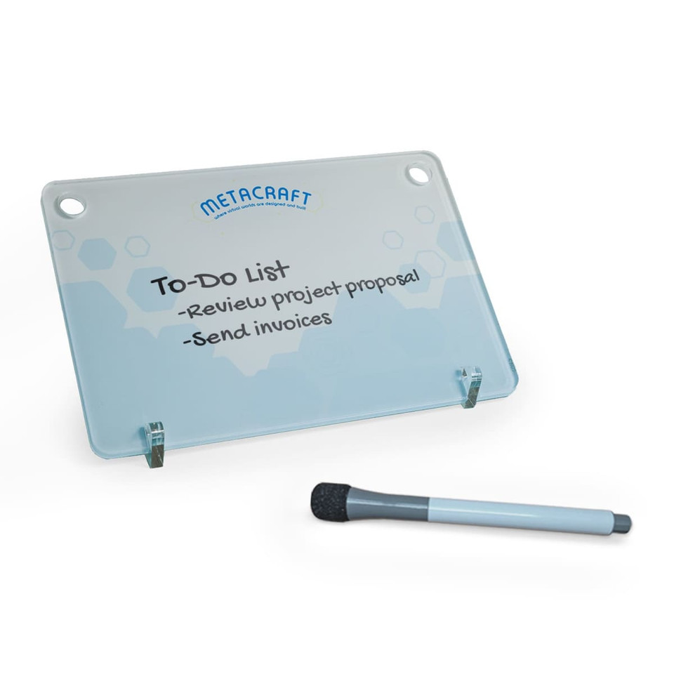 A clear acrylic to-do list board with a blue header and a list of tasks written on it, accompanied by a gray marker.