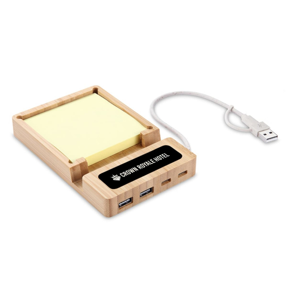 A bamboo USB hub with sticky note compartment, featuring multiple USB ports and a connecting cable.