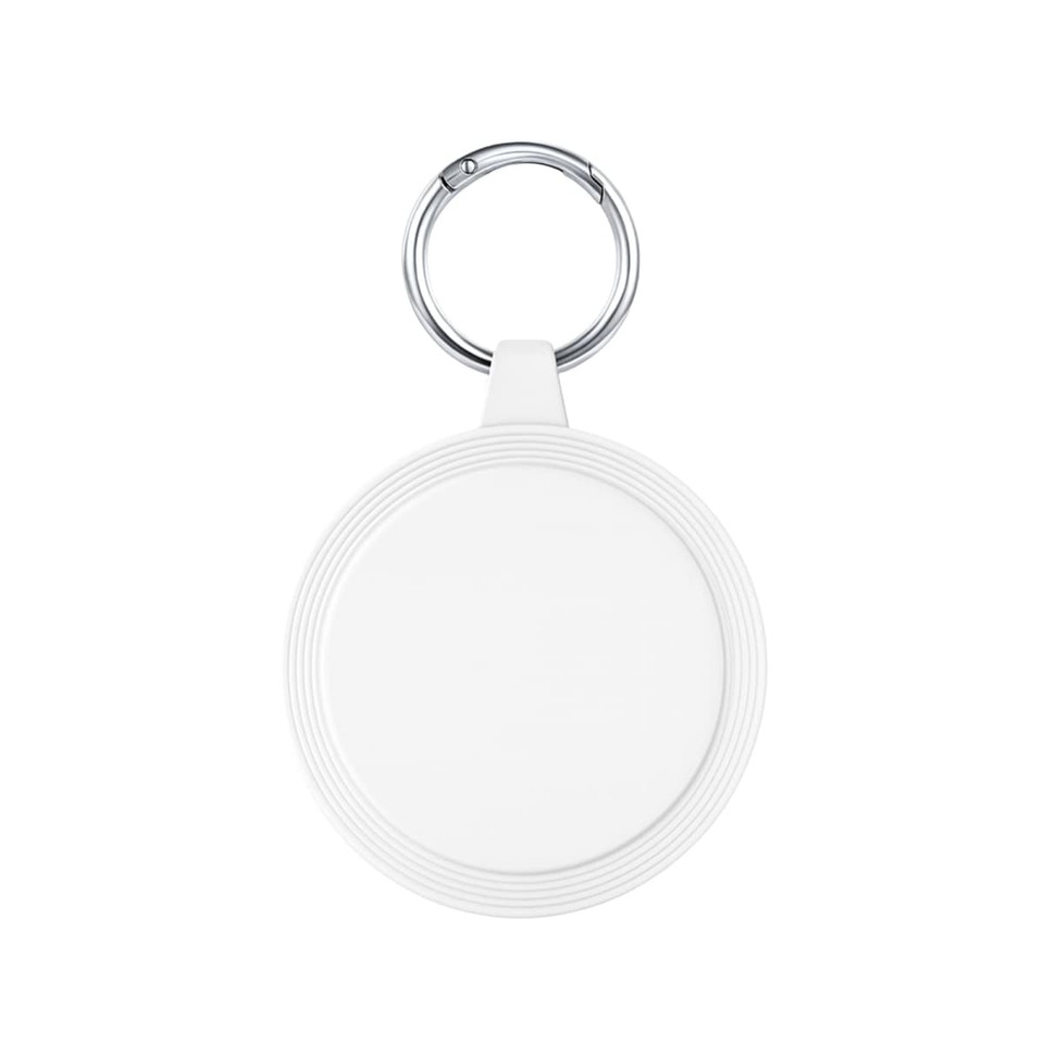A white circular keychain with a silver metal ring, featuring a textured border. Ideal for holding items securely.