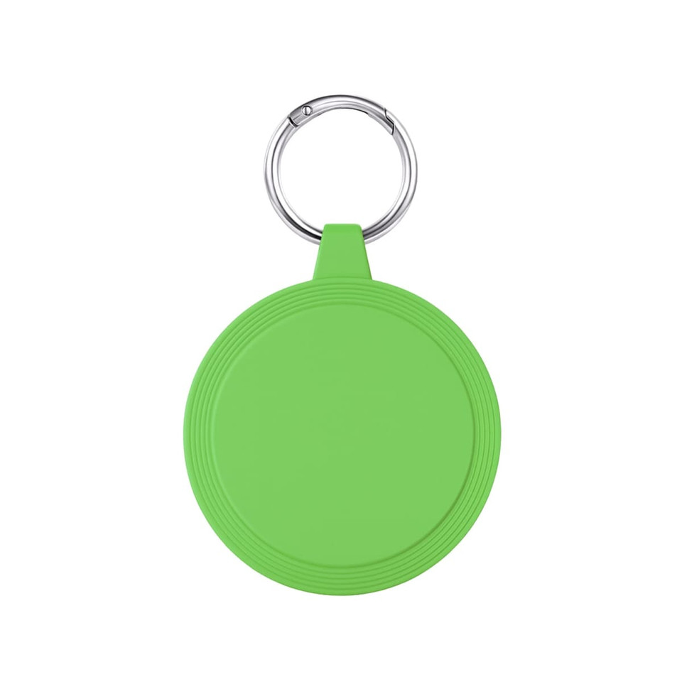 A green circular keychain with a metal ring, designed for attaching to keys or bags.