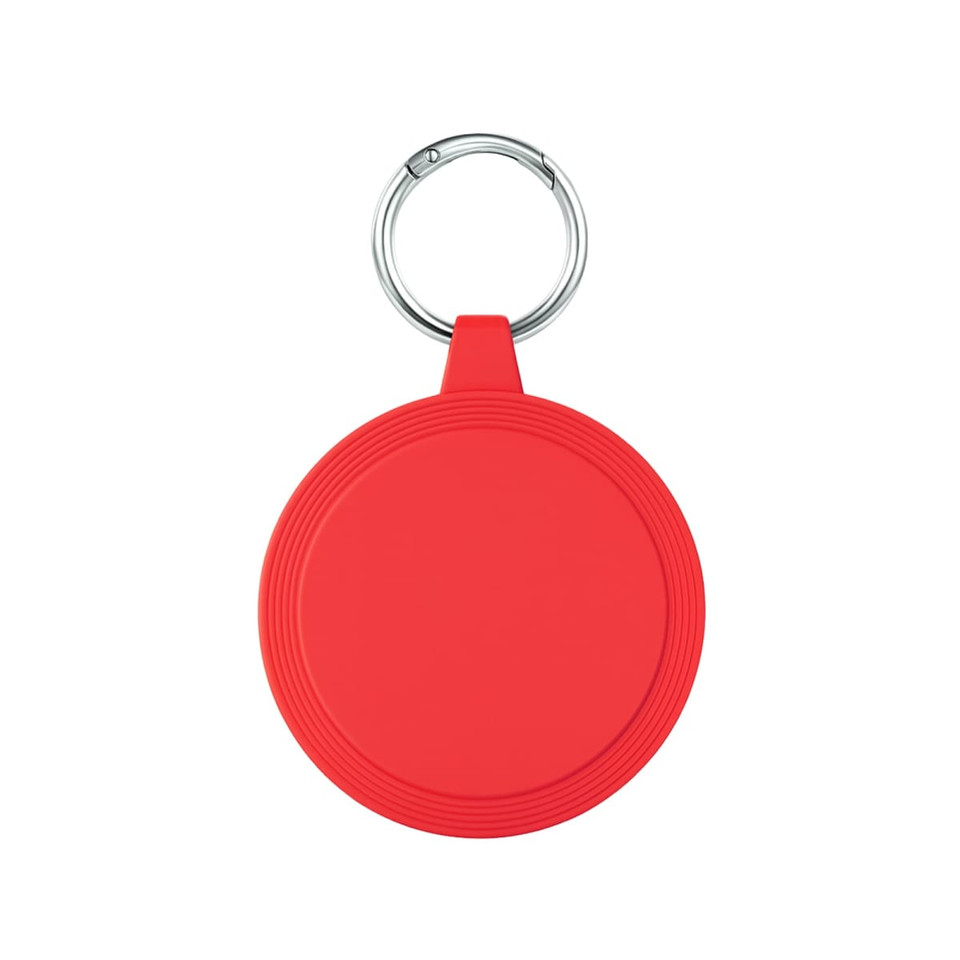 A bright red circular keychain with a silver ring for attachment.