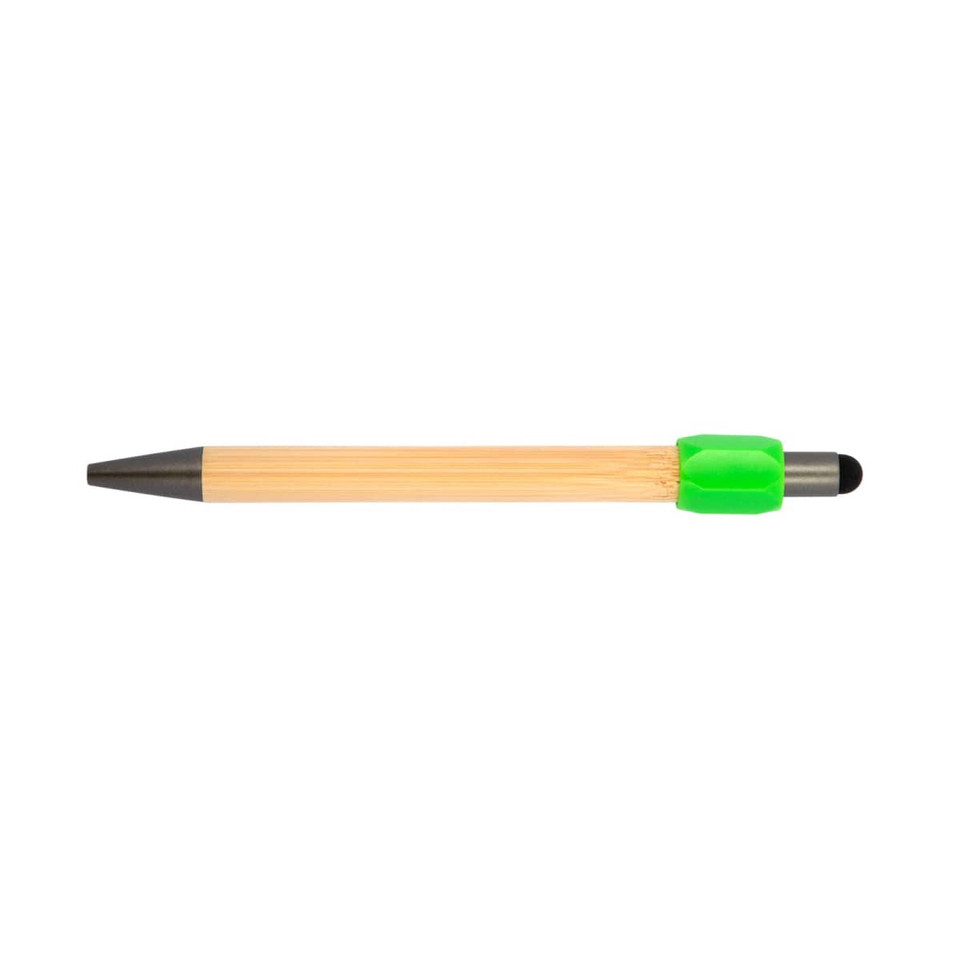 A bamboo pen with a black tip and a bright green ergonomic grip, featuring a logo.