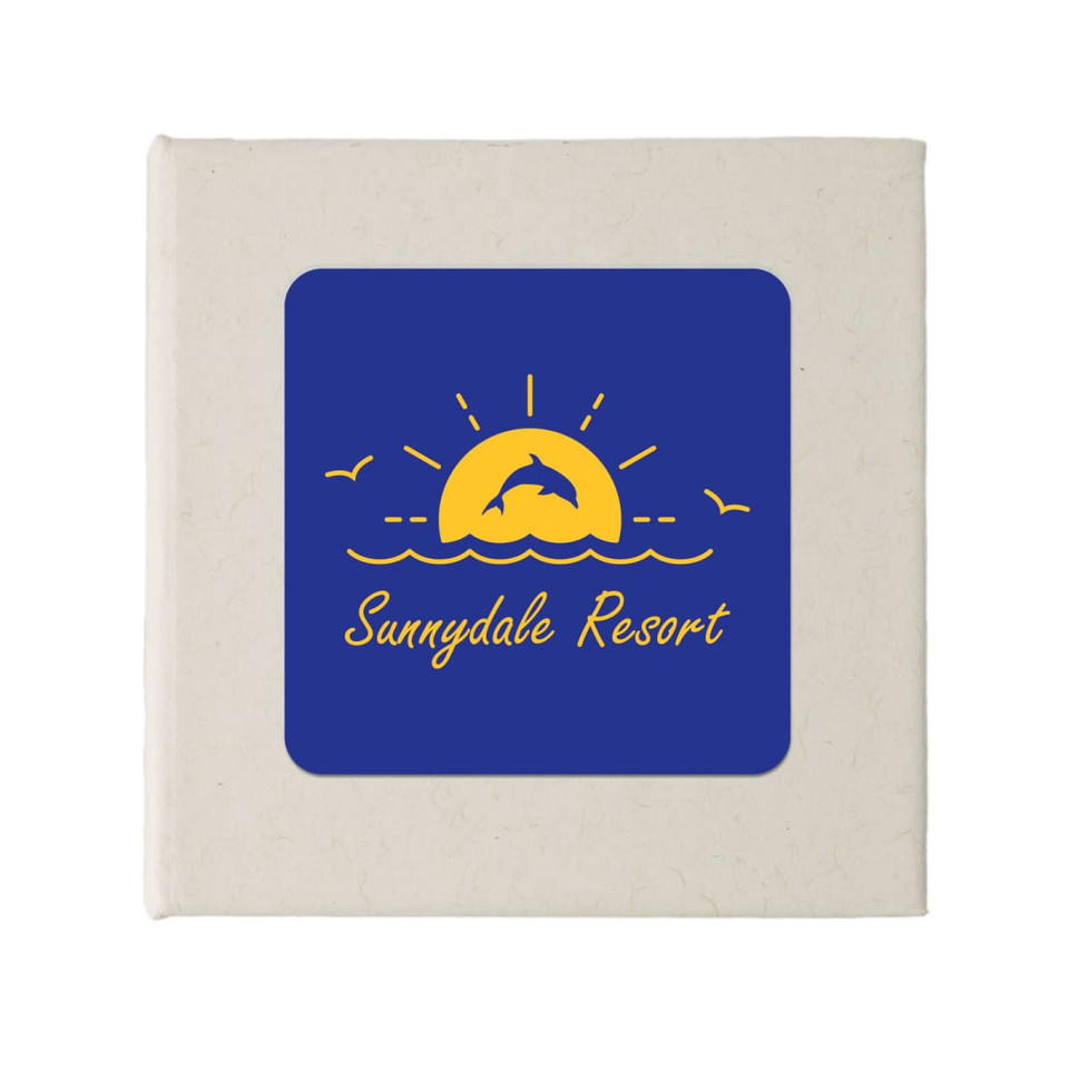 A note block with a blue cover featuring a yellow sunset design and the text "Sunnydale Resort" below a dolphin.