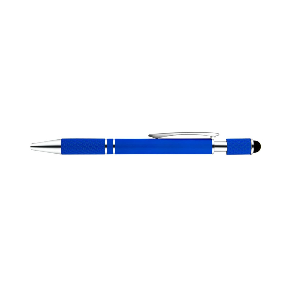 A blue pen with a silver clip and detailing, featuring a textured grip and a stylus tip. It has a logo.