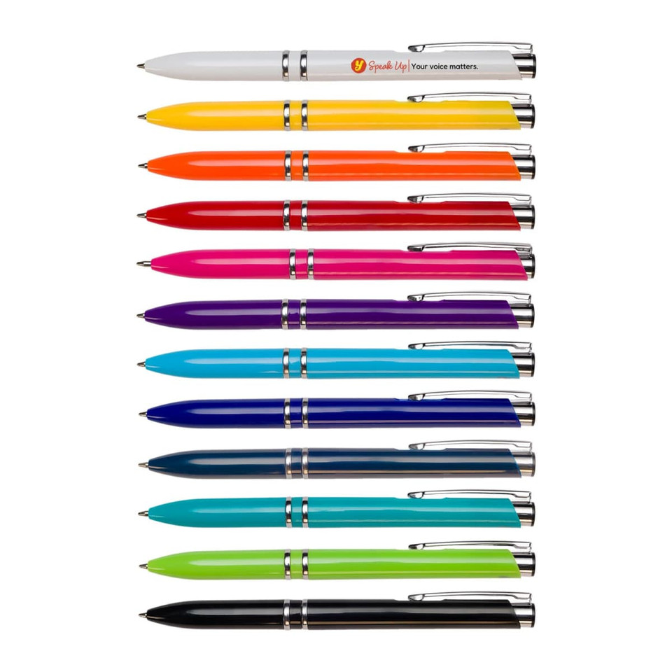 A collection of multicoloured pens in various shades, featuring a silver trim and branding on some.