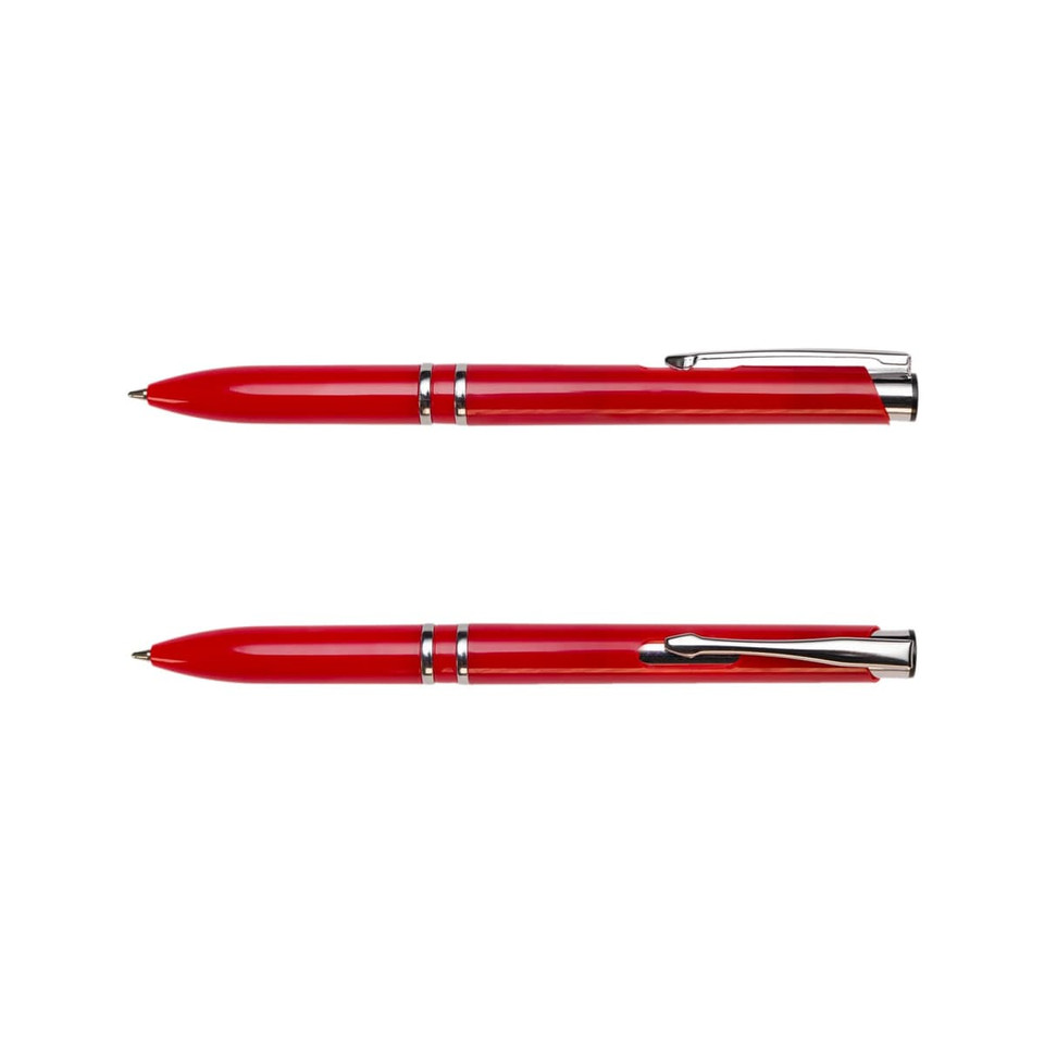 A red pen with a shiny finish and silver accents, featuring a clip and a smooth writing tip.