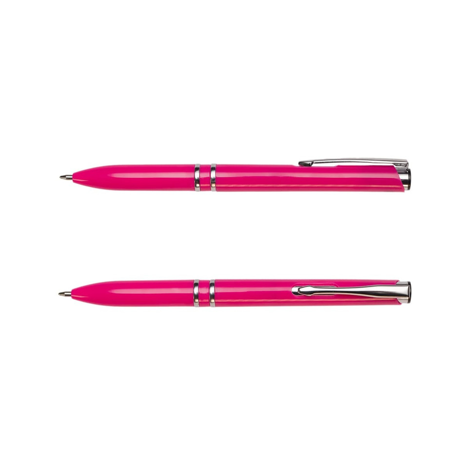 A bright pink recycled ABS pen with a chrome clip and trims, featuring a sleek design.