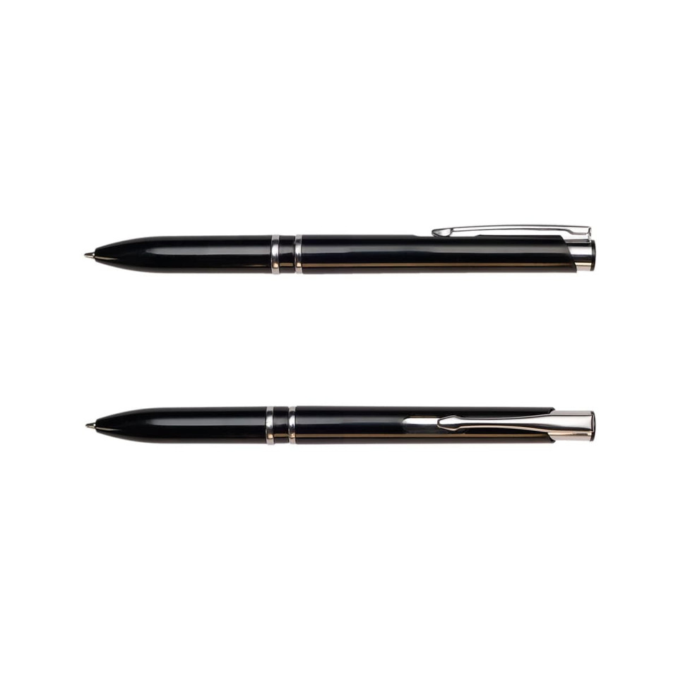 A black pen with silver accents, featuring a sleek design and a clip for easy attachment.