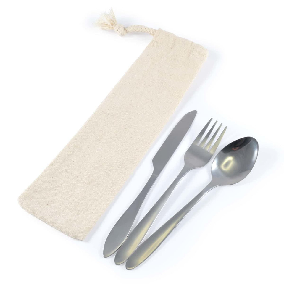 A cutlery set including a knife, fork, and spoon, packaged in a cream-colored calico pouch.