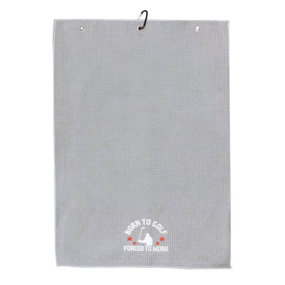 A grey golf towel with a loop for hanging and a logo printed at the bottom.