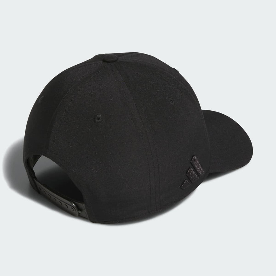 A black Adidas Performance Golf 6 Panel Cap featuring a rear opening and a logo.