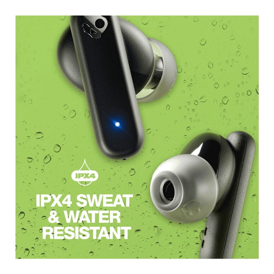 Earbuds in black and silver with a water droplet background, featuring a logo and indicating sweat and water resistance.