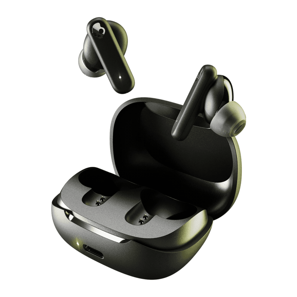 Wireless earbuds in black, displayed in their charging case. The case is slightly open, showing the earbuds inside.