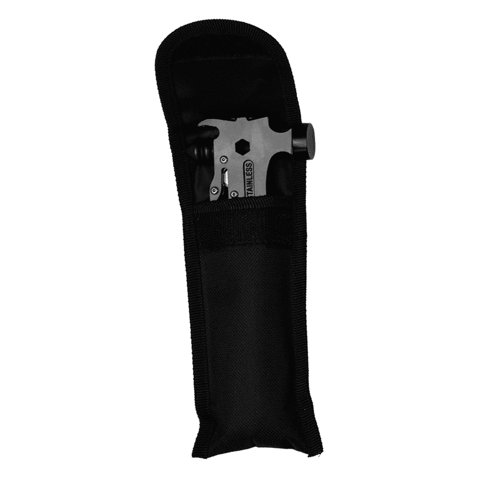 A black multi-tool with a hammer in a black pouch. The pouch has a simple design and secures with a flap.