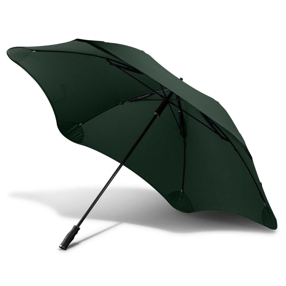 A dark green sport umbrella with a sturdy frame and a sleek design. It features a logo on the handle.