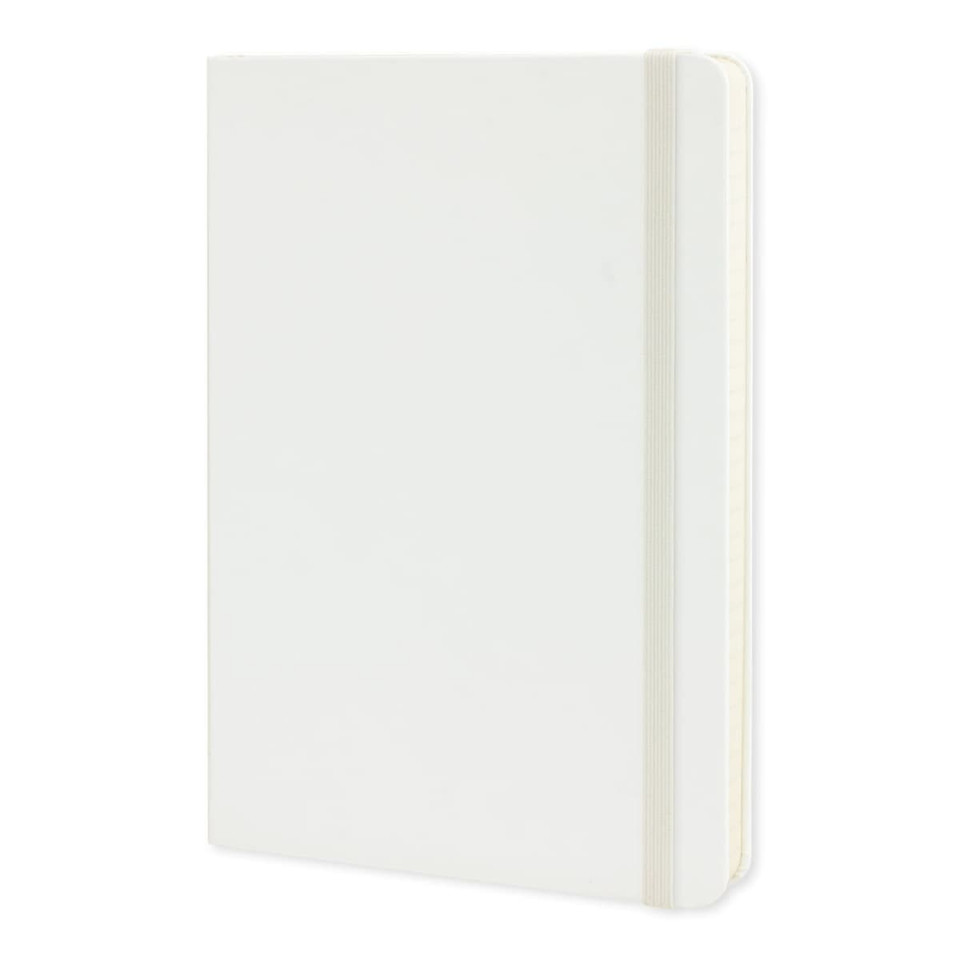 A large, white Moleskine classic hard cover notebook with an elastic band and rounded corners.
