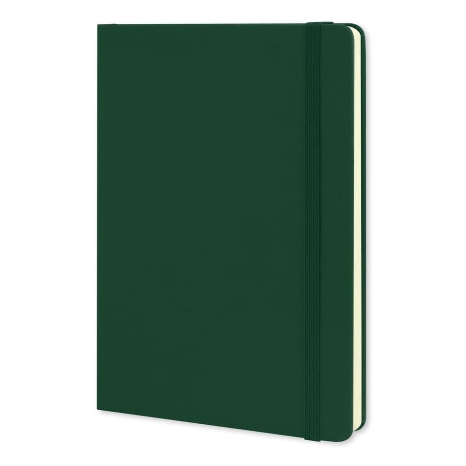A large, dark green Moleskine Classic Hard Cover Notebook with a matching elastic closure and rounded corners.